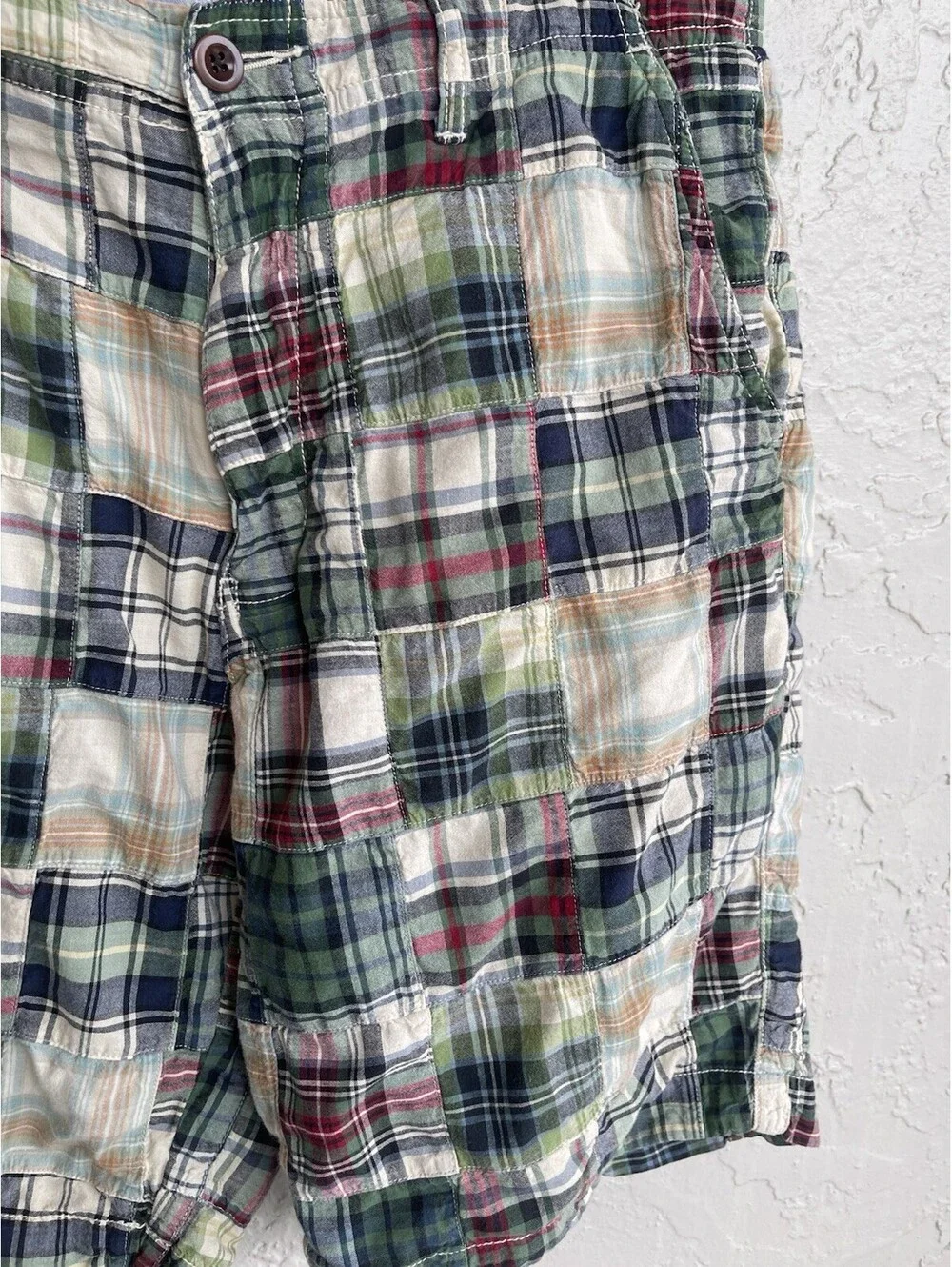 J Crew Shorts Men's 32W Multicolor Madras Plaid Patchwork Field Shorts.